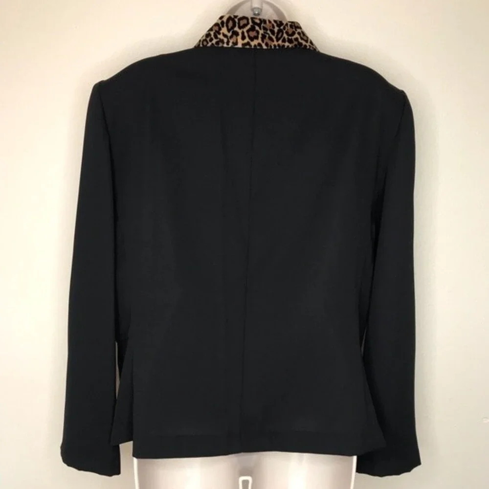 Sag Harbor Leopard Collar Black Button Up Unlined Jacket Long Sleeve Women 16